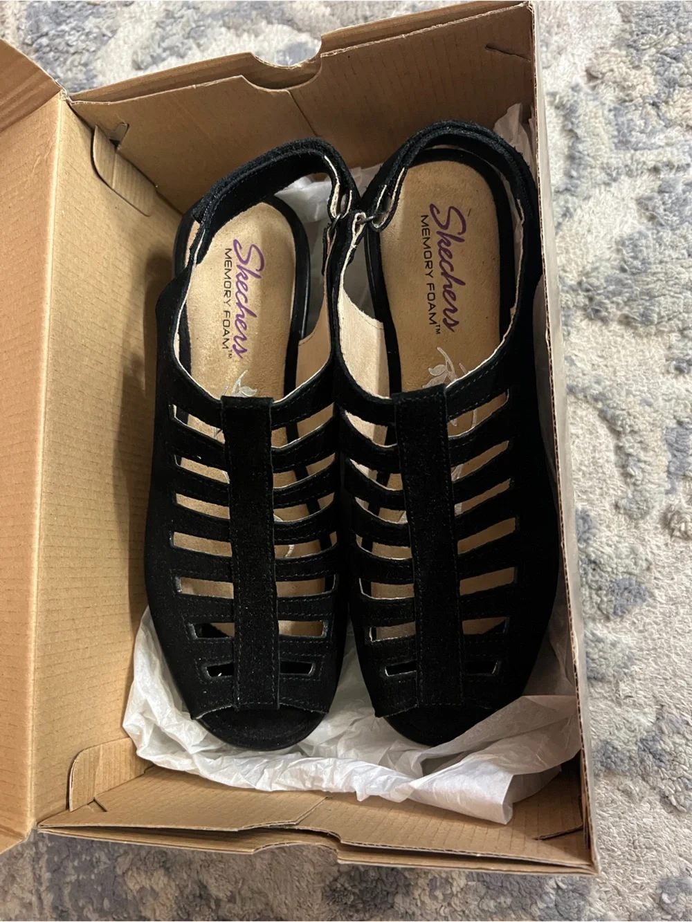 Skechers Parallel Trapezoid Memory Foam Black Wedge Sandals Size 8
